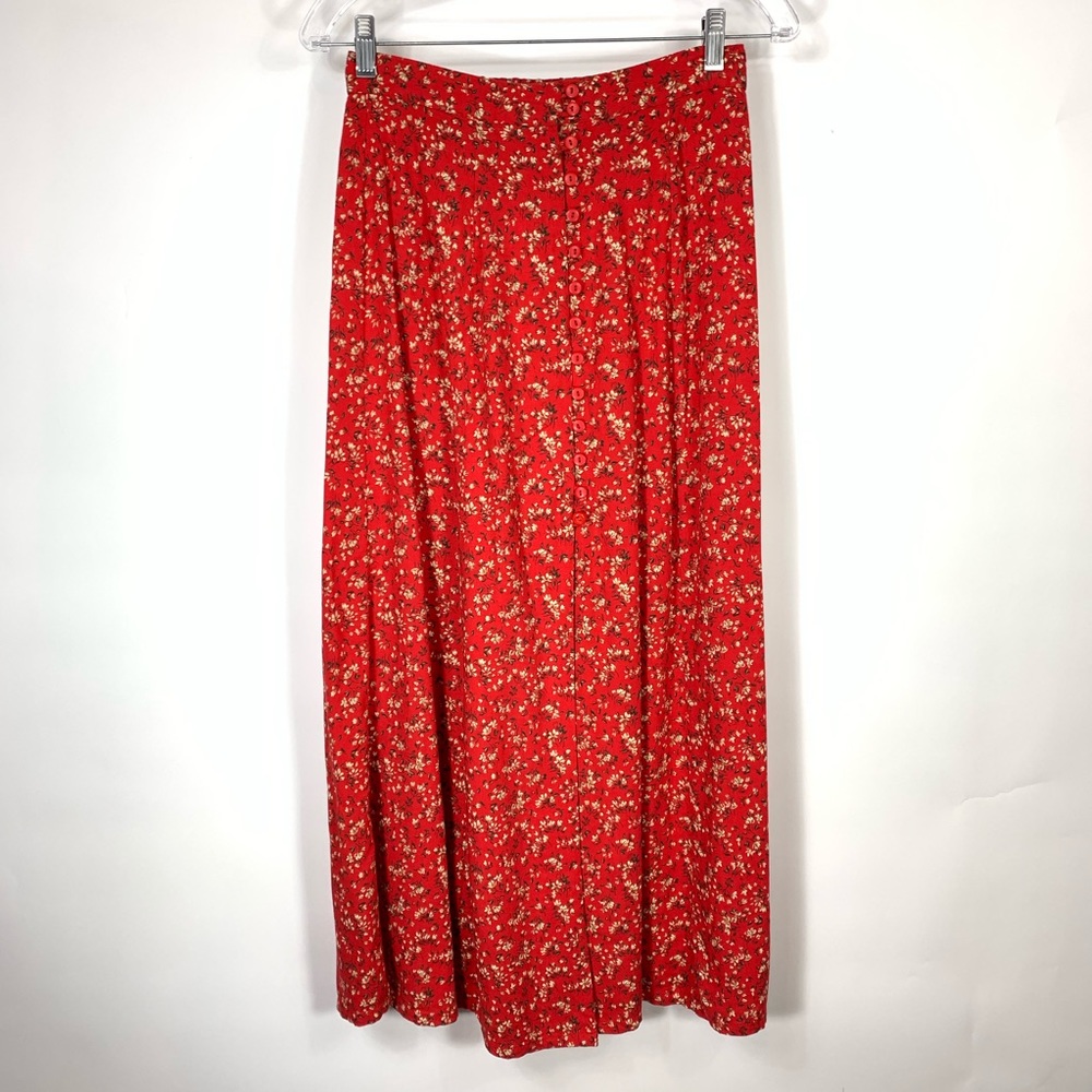 Vintage Red Floral Print Midi Skirt Sz Medium